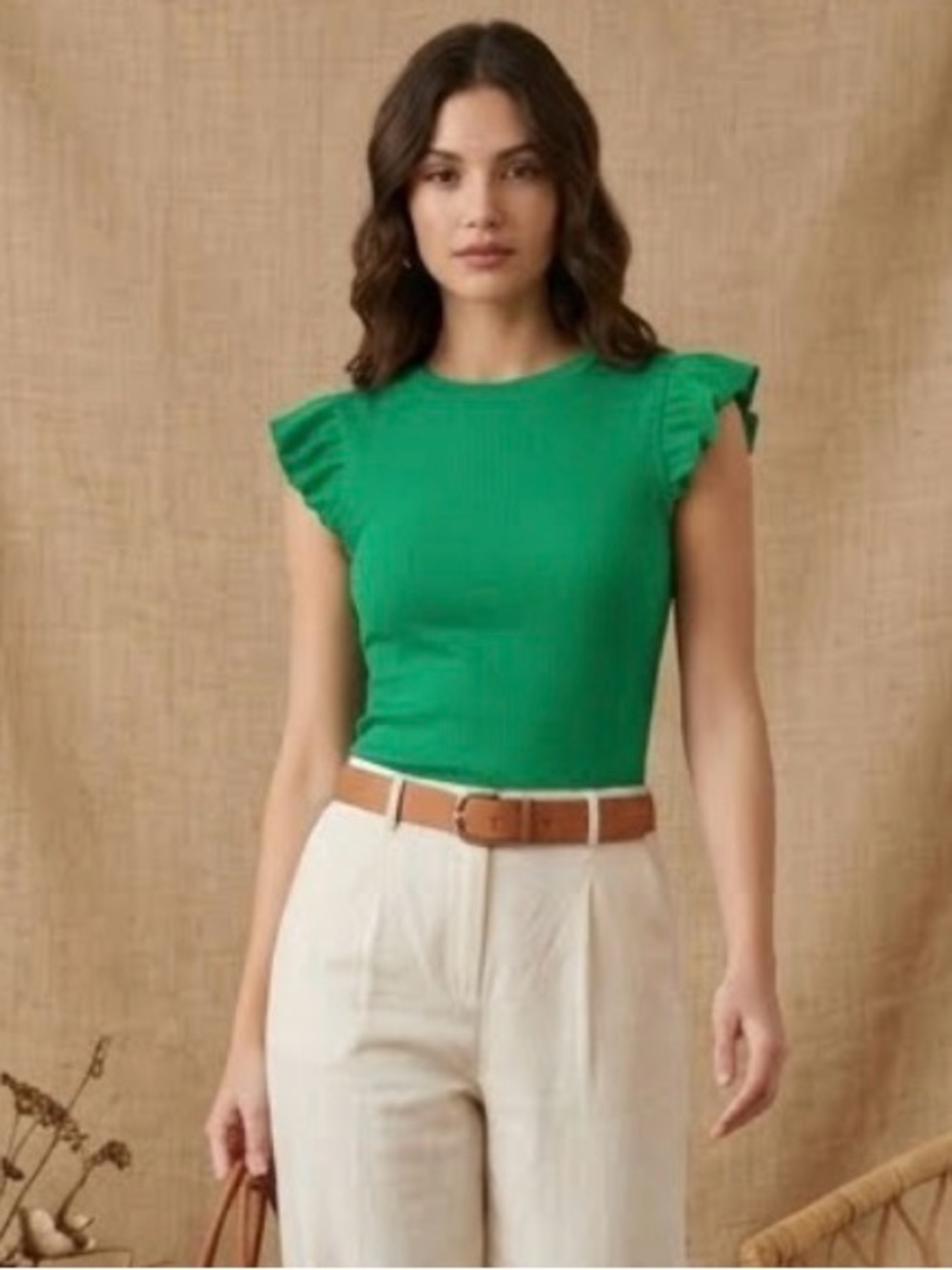 Women’s Green Ruffle Cap Sleeve Knit Top Size M